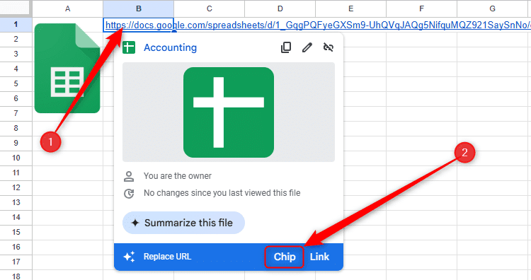 Một liên kết được nhấp trong Google Sheets và tùy chọn chuyển đổi URL thành một chip được tô sáng.