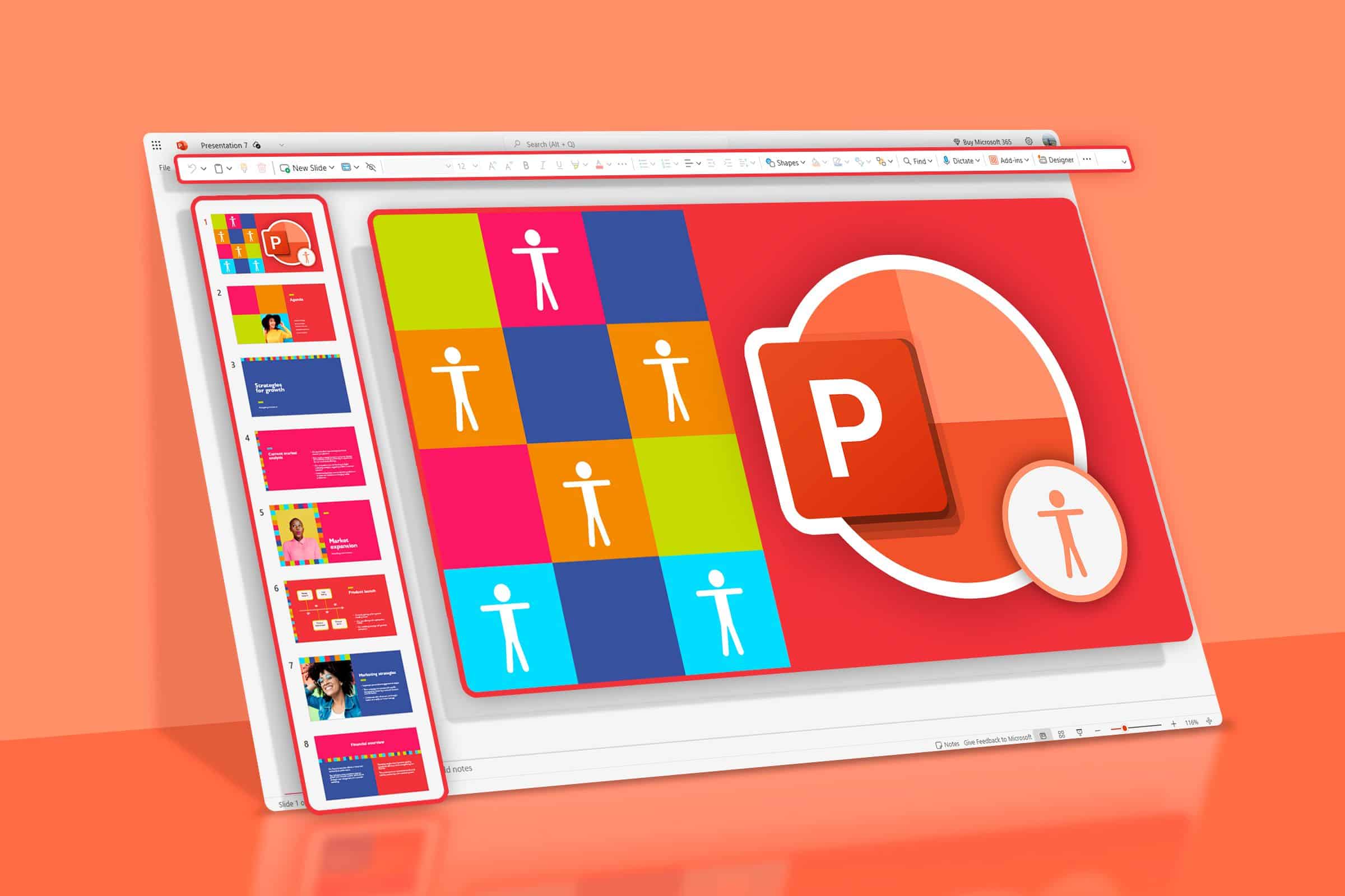 Một bài thuyết trình PowerPoint với một số biểu tượng hỗ trợ tiếp cận.