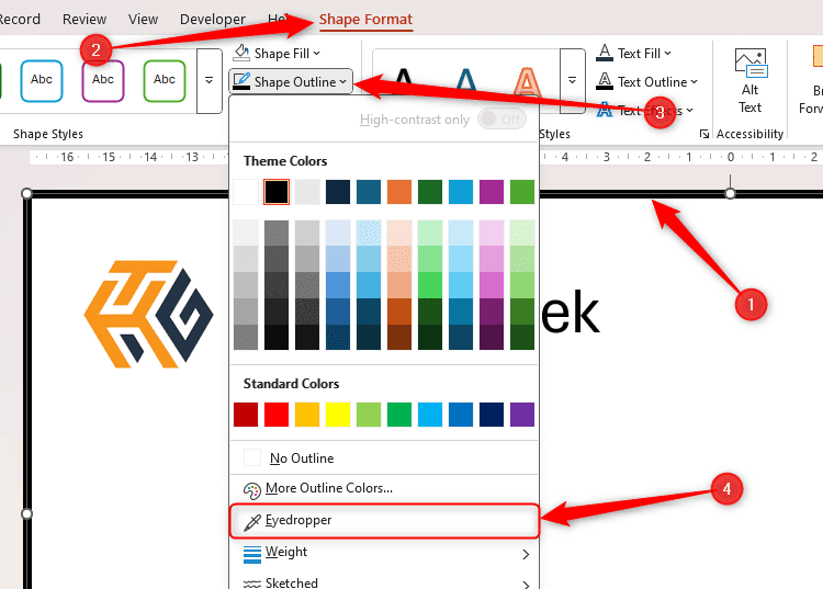 Một đường viền slide trong PowerPoint được chọn, và Eyedropper trong menu thả xuống Shape Outline được tô sáng.