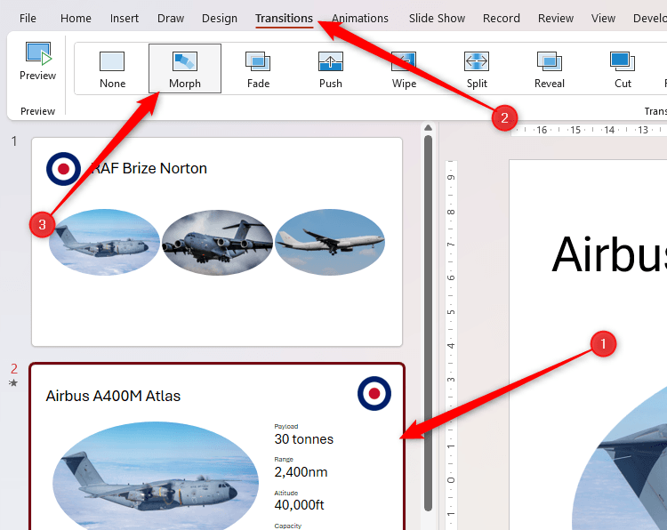 Một slide được chọn trong PowerPoint, và chuyển tiếp morph được kích hoạt.