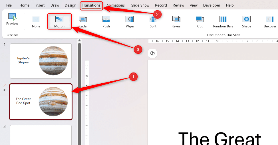 Một slide được chọn trong ngăn hình thu nhỏ của PowerPoint, và nút Morph trong tab Transitions được chọn.