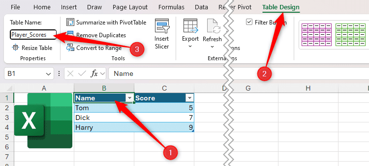 Một bảng trong Microsoft Excel được đổi tên thành Player_Scores.