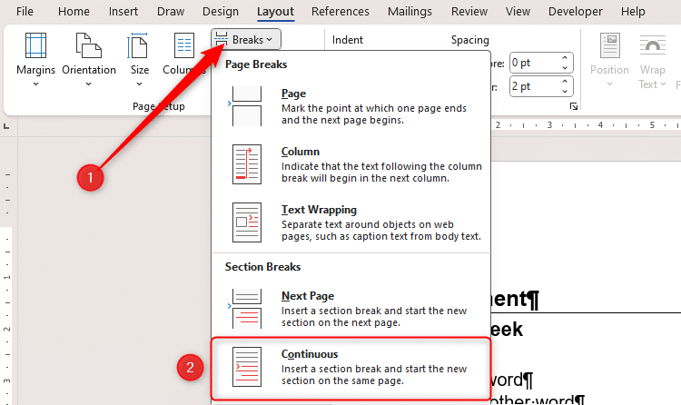 Menu Ngắt với tùy chọn Liên tục được chọn.