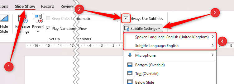 Tùy chọn 'Always Use Subtitles' được chọn trong Microsoft PowerPoint, và các tùy chọn ngôn ngữ nói và phụ đề được đặt thành tiếng Anh.