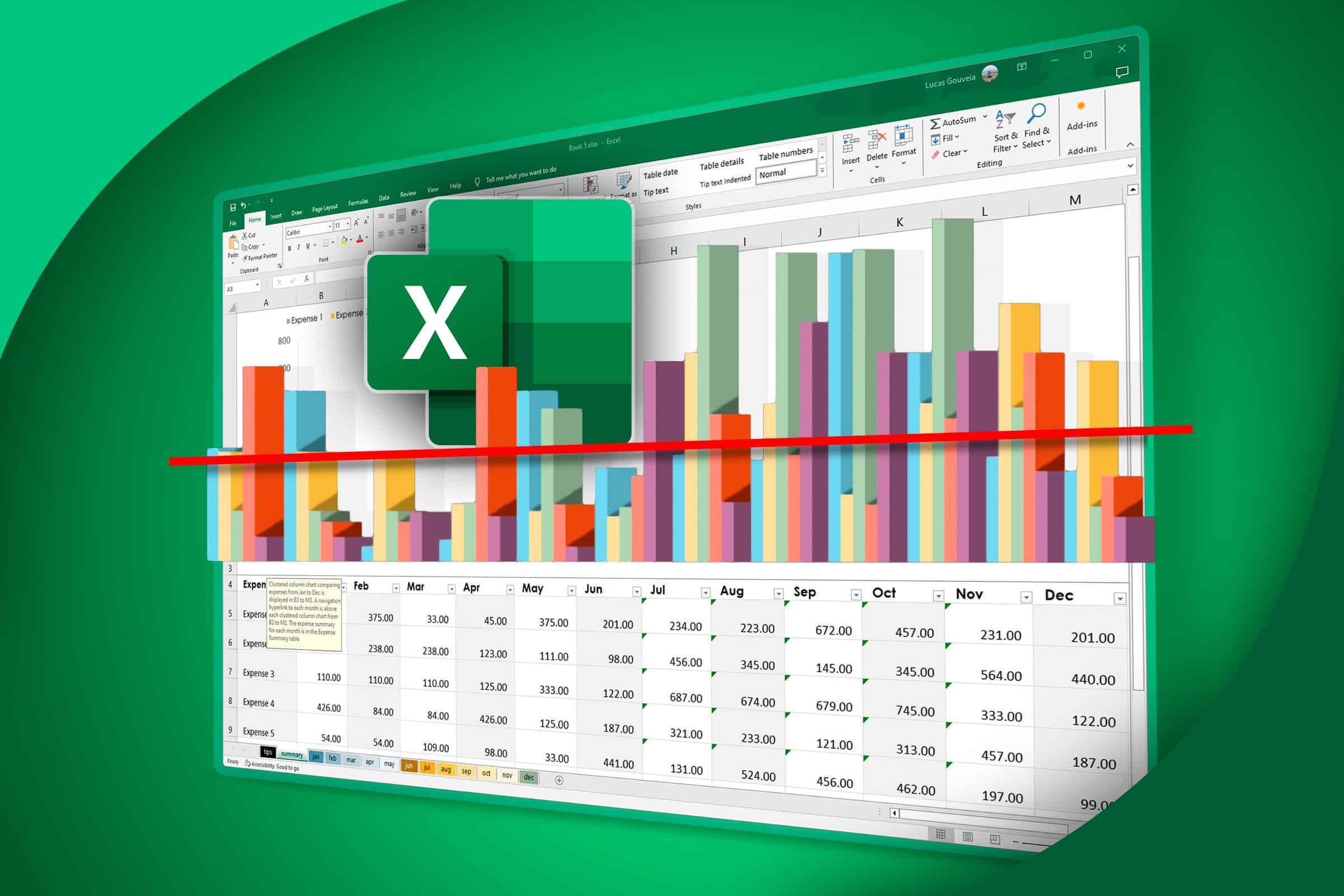 Một bảng tính Excel với biểu đồ 3D và logo Excel.