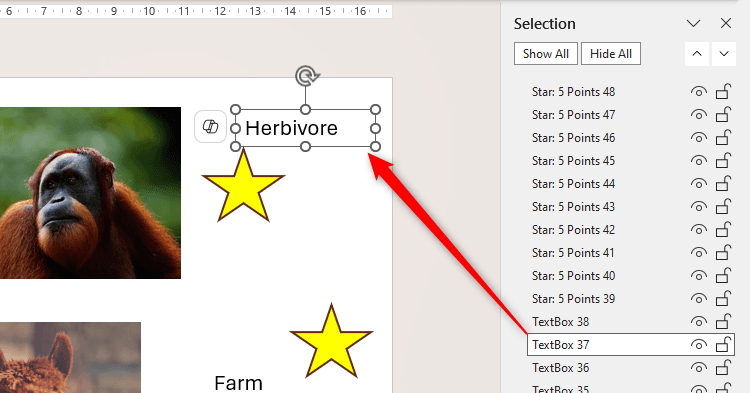 Một đối tượng được chọn trong Ngăn Lựa chọn (Selection Pane) của PowerPoint và đối tượng tương ứng được kích hoạt trên slide.