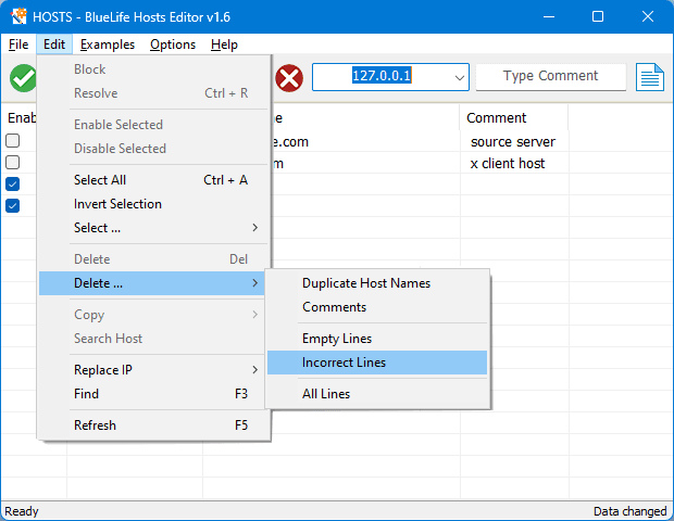 Menu chỉnh sửa trong Bluelife Hosts Editor