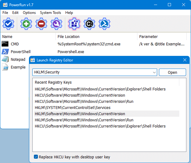 Khởi chạy Registry Editor với quyền cao nhất từ PowerRun