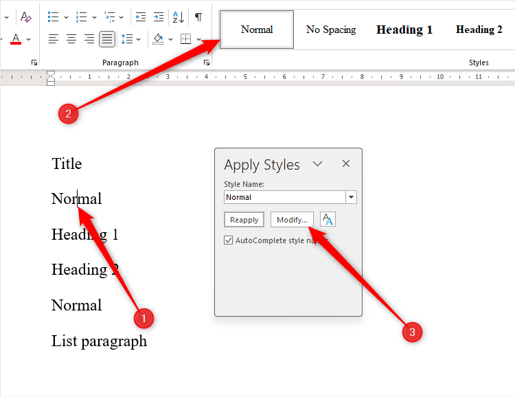 Hộp thoại Áp dụng Kiểu cho kiểu Normal trên Microsoft Word.