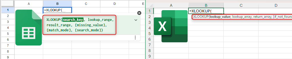 Các mẹo bật lên trong Sheets và Excel hiển thị cú pháp cho hàm XLOOKUP.