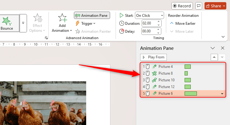 Ngăn hoạt ảnh của PowerPoint với các đối tượng có tên chung chung như Picture 1, Picture 2.
