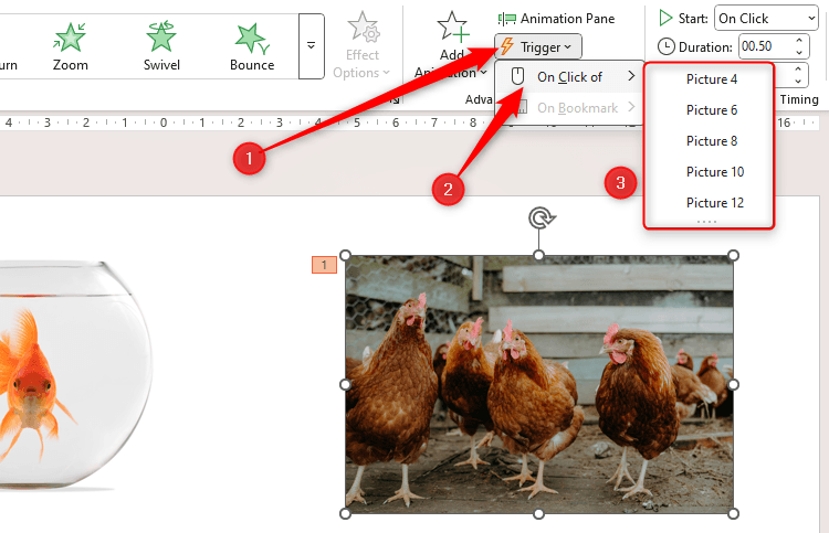 Menu trigger trong PowerPoint hiển thị danh sách các đối tượng chưa được đặt tên, gây khó khăn cho việc lựa chọn.