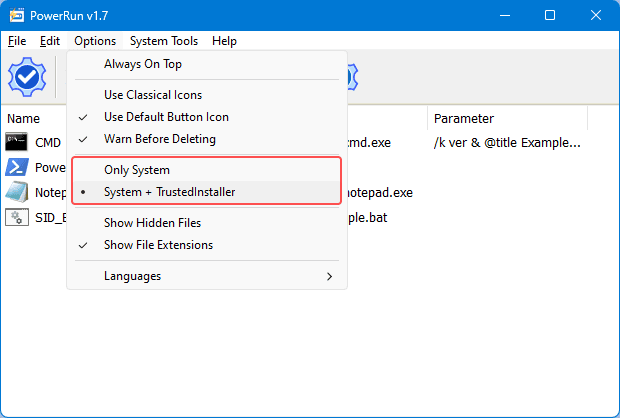 Tùy chọn sử dụng quyền TrustedInstaller trong PowerRun