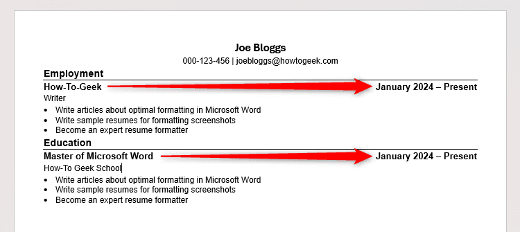 Sơ yếu lý lịch trong Microsoft Word với văn bản được căn phải.