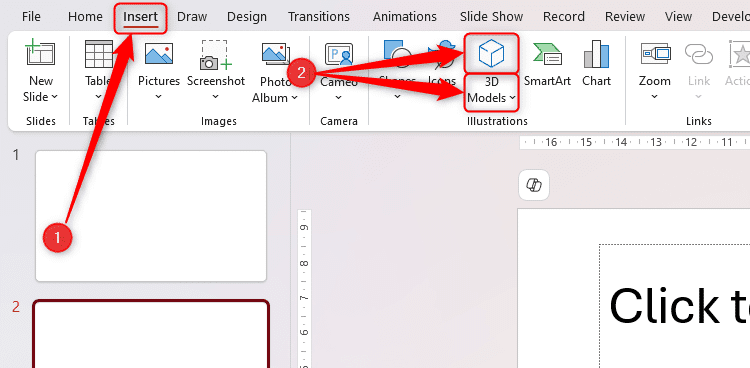 Biểu tượng Mô hình 3D trong tab Insert của thanh Ribbon Microsoft PowerPoint.