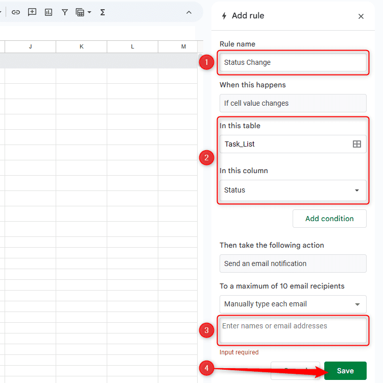 Cửa sổ Thêm quy tắc cho thông báo có điều kiện trong Google Sheets, với thông tin chi tiết được điền để gửi thông báo nếu dữ liệu trong cột Trạng thái thay đổi.