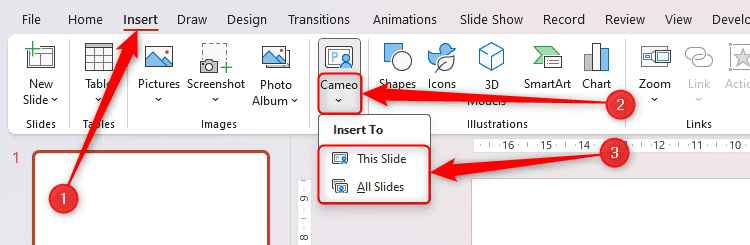 Nút Cameo trong PowerPoint được chọn, với tùy chọn chèn camera chỉ trên slide đang hoạt động hoặc trên tất cả các slide đang hiển thị.