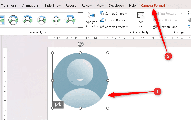 Trình giữ chỗ Cameo trong Microsoft PowerPoint được chọn, và tab Camera Format trên thanh Ribbon được mở.