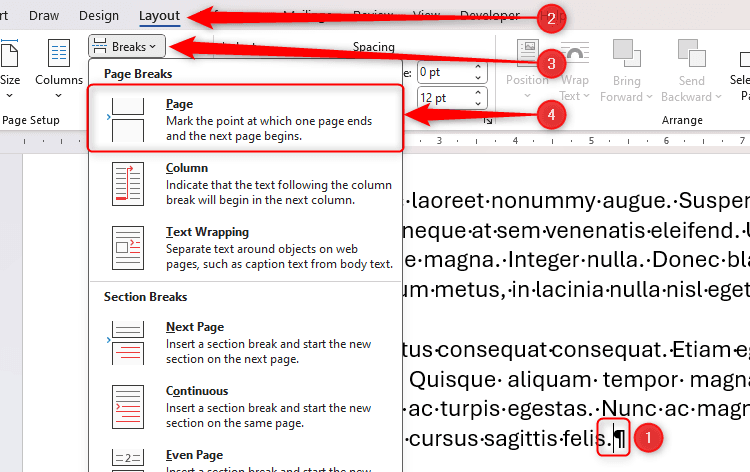 Cách chèn Page Break trong Word từ menu Layout