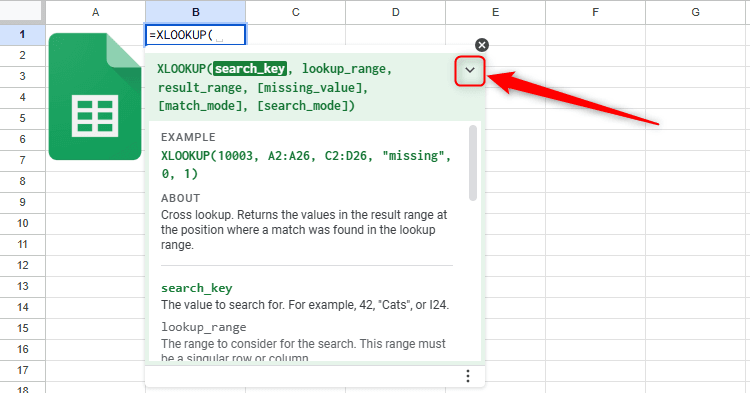 Mũi tên xuống trong cửa sổ bật lên cú pháp công thức của Google Sheets được nhấp để hiển thị thêm thông tin và hỗ trợ.
