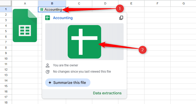 Cửa sổ nổi xuất hiện khi bạn nhấp vào một chip liên kết trong Google Sheets.