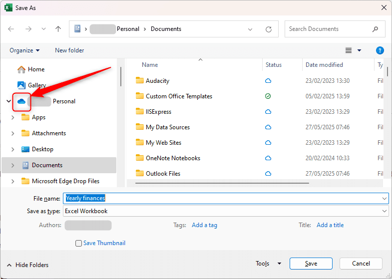 Lưu tệp Excel vào thư mục OneDrive
