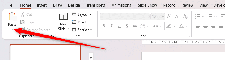 Mũi tên xuống của nút Dán trong Microsoft PowerPoint.