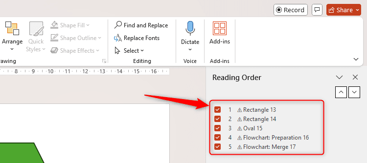 Ngăn Thứ tự Đọc trong PowerPoint hiển thị các đối tượng với tên chung chung, gây cản trở cho việc đảm bảo tính truy cập.