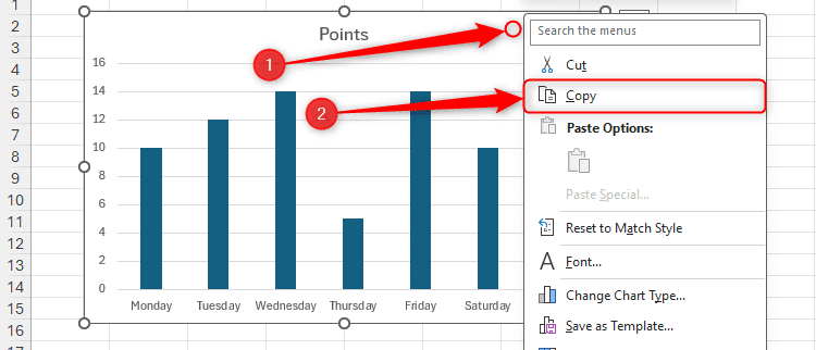 Menu chuột phải trên một biểu đồ trong Excel được mở rộng, và 'Copy' được chọn.
