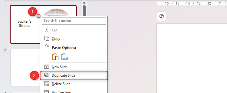 Menu chuột phải trên một slide trong ngăn hình thu nhỏ của PowerPoint được mở rộng, và 'Duplicate Slide' được chọn.
