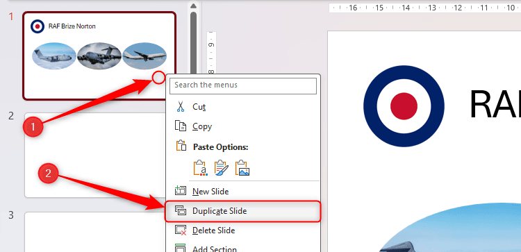 Menu chuột phải trên hình thu nhỏ slide trong PowerPoint được mở rộng, và 'Duplicate Slide' được chọn.