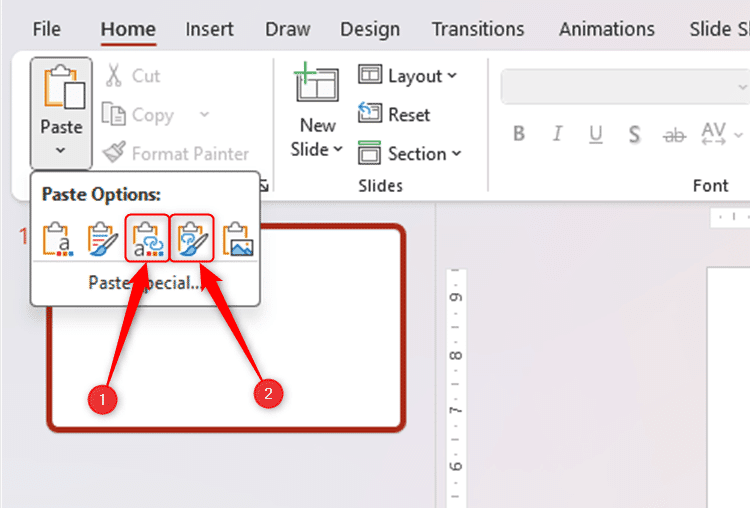 Hai biểu tượng trong menu thả xuống Paste trong PowerPoint tạo liên kết giữa mục được dán và nguồn của nó.