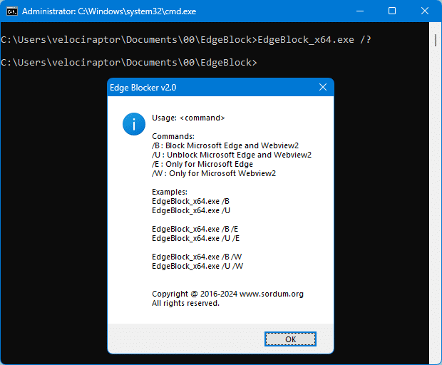 Cách chặn Microsoft Edge triệt để Trong dấu nhắc lệnh, chạy “EdgeBlock_x64.exe /?” hoặc “EdgeBlock.exe /?” (không có dấu ngoặc kép) sẽ liệt kê tất cả các tham số có sẵn.
