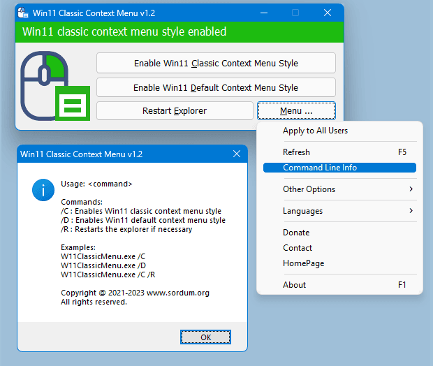 Các tham số dòng lệnh của Win 11 Classic Context Menu