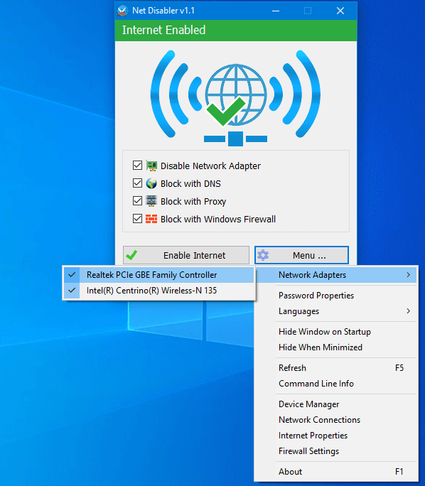 Netdisabler menu